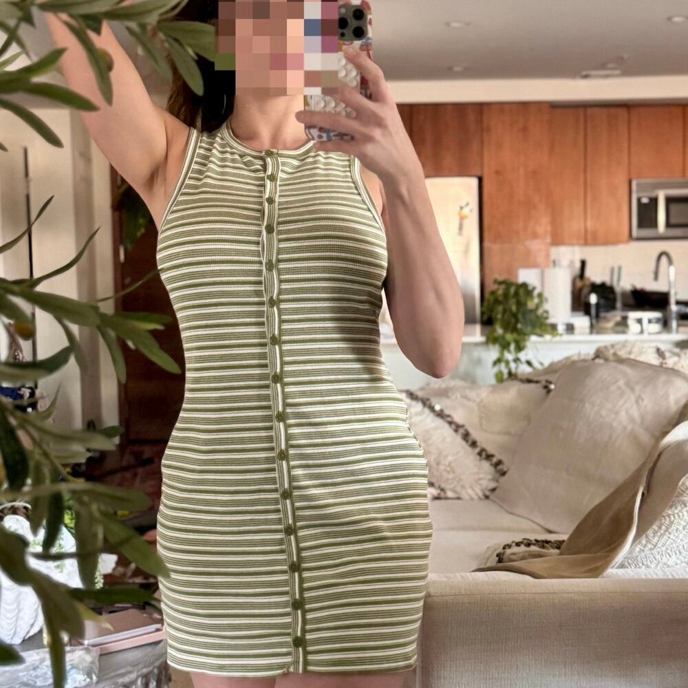 Wild Fable Green‎ Ribbed Striped Sleeveless Button Front Mini Skater Dress